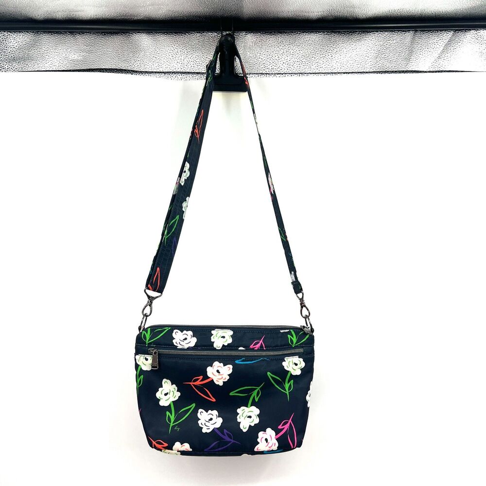Lug Flare Crossbody Bag Navy Floral Quilted Nylon Adjustable Strap Purse